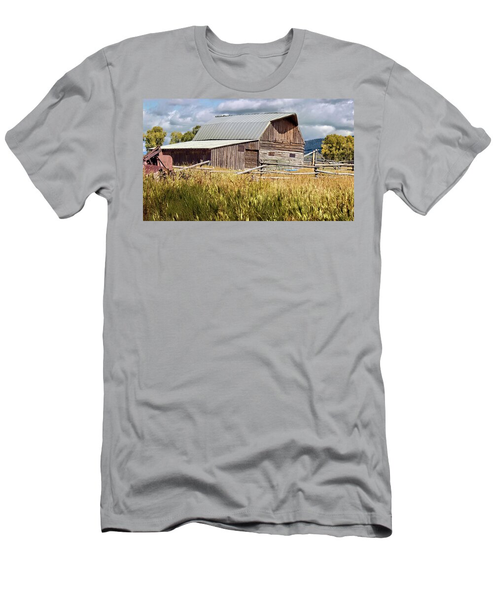 Grand Tetons T-Shirt featuring the photograph Barn on Mormon Row Grand Tetons by Cathy Anderson
