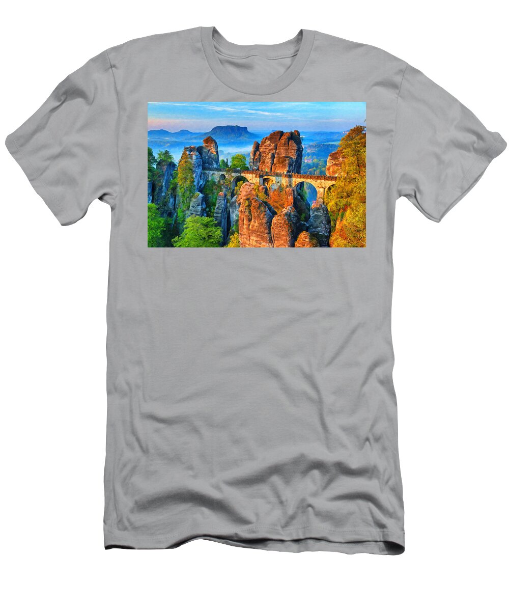 Bastei T-Shirt featuring the painting Basteibrucke Bastion Bridge - DWP1301446 by Dean Wittle