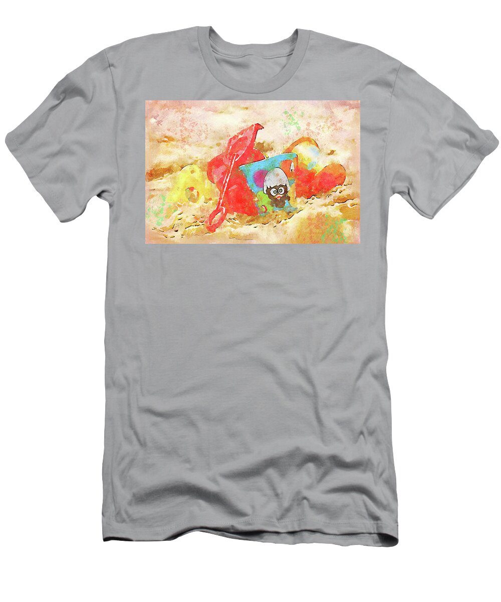 Beach T-Shirt featuring the mixed media Beach Abstract Colorful Toys in the Sand Watercolor Painting by Shelli Fitzpatrick