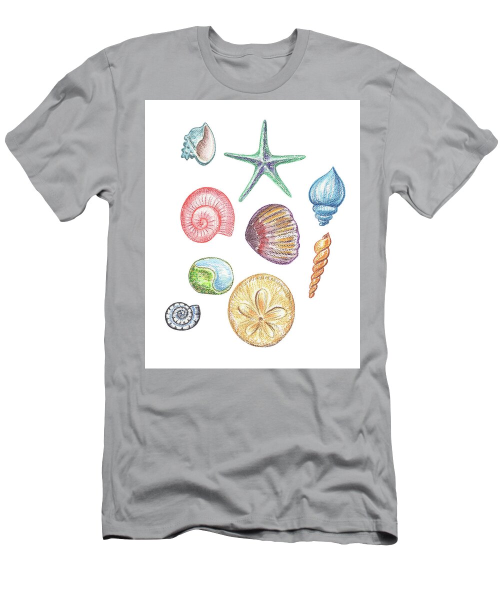 Beach Art T-Shirt featuring the painting Beach Art Watercolor Sea Shells And Stars Art II by Irina Sztukowski