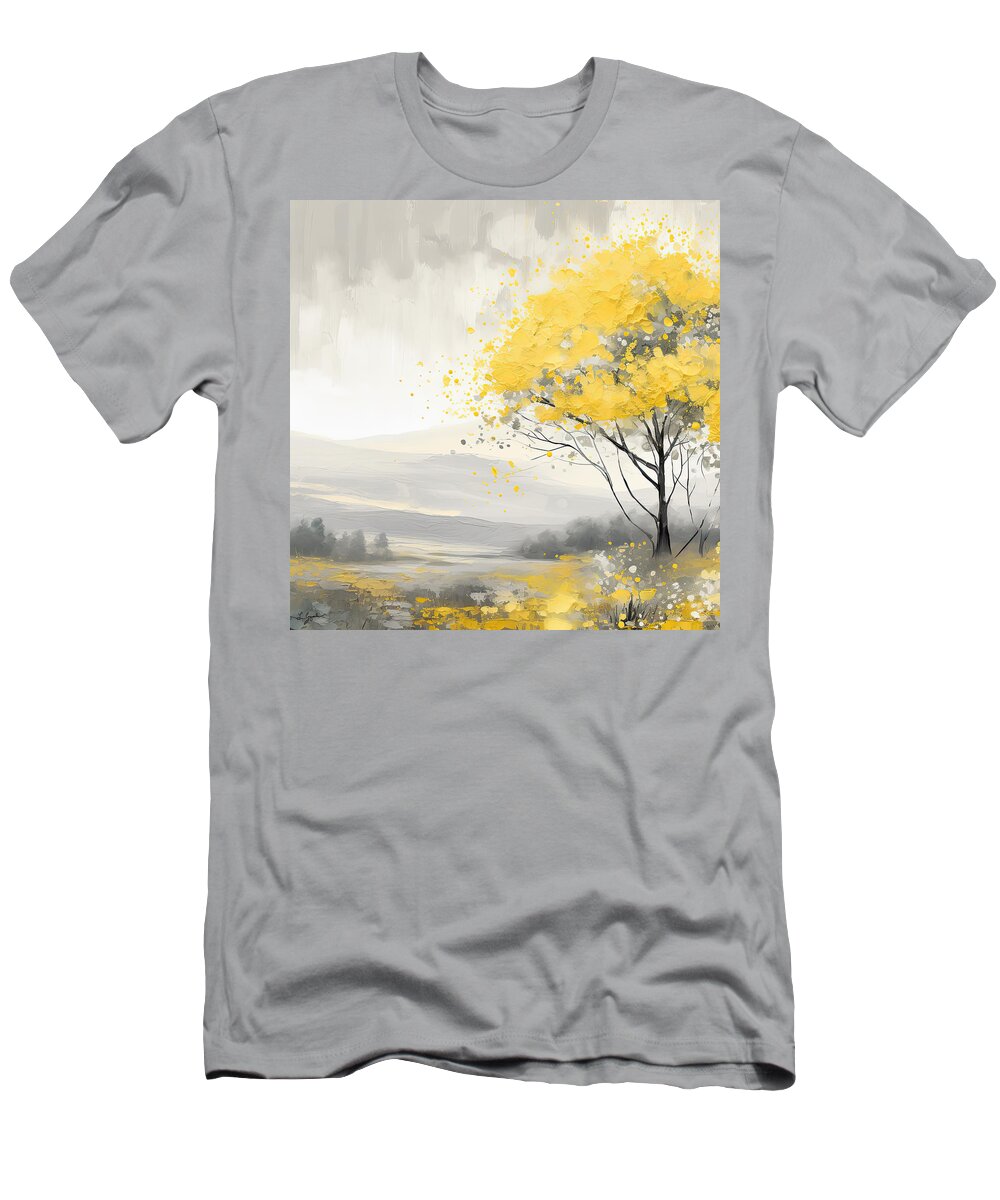 Yellow T-Shirt featuring the painting Beauty of Autumn - Watercolor Painting of the Woods in Gray and Yellow Leaves Art by Lourry Legarde