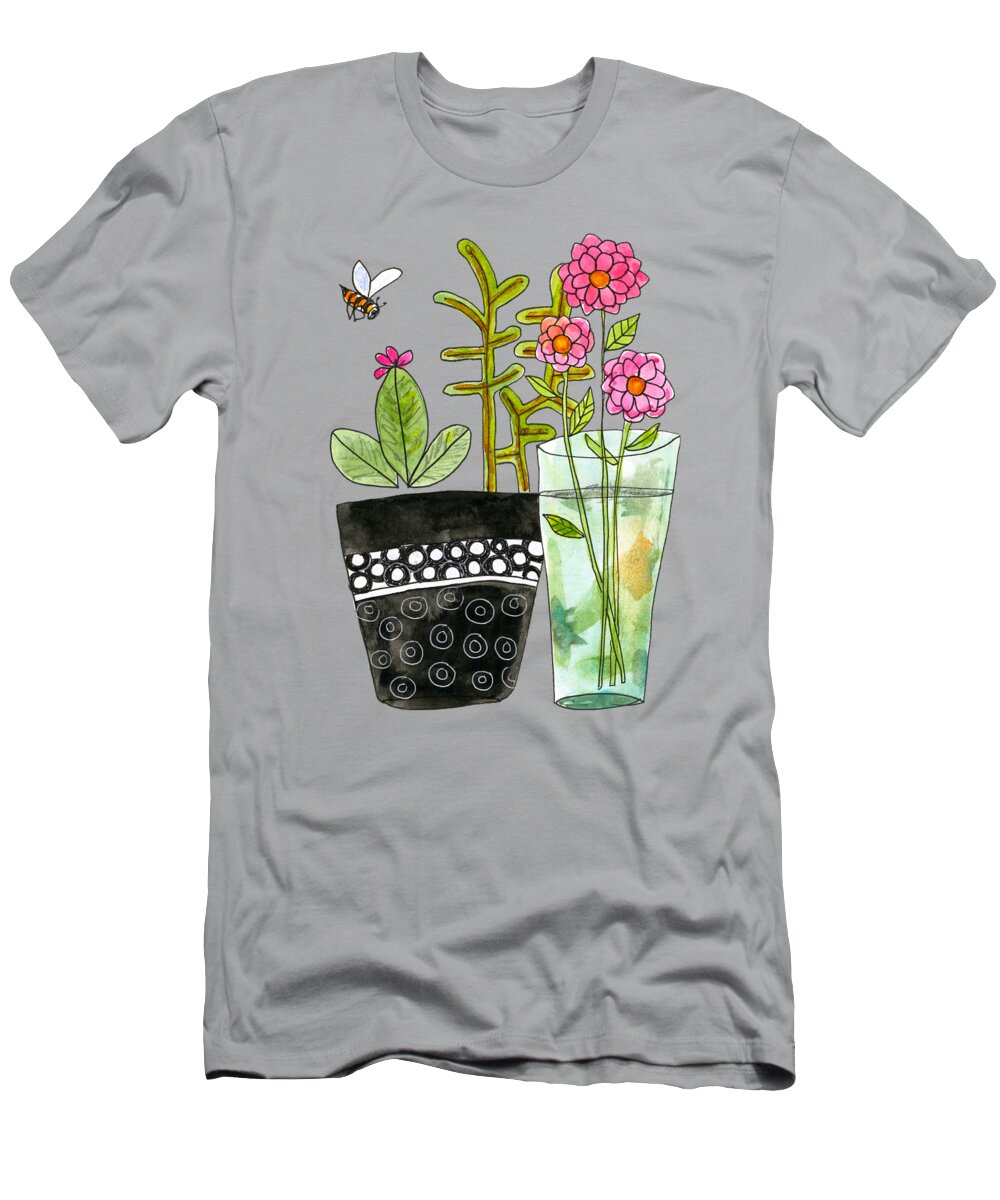 Flowers T-Shirt featuring the painting Bee and Flowers by Blenda Studio
