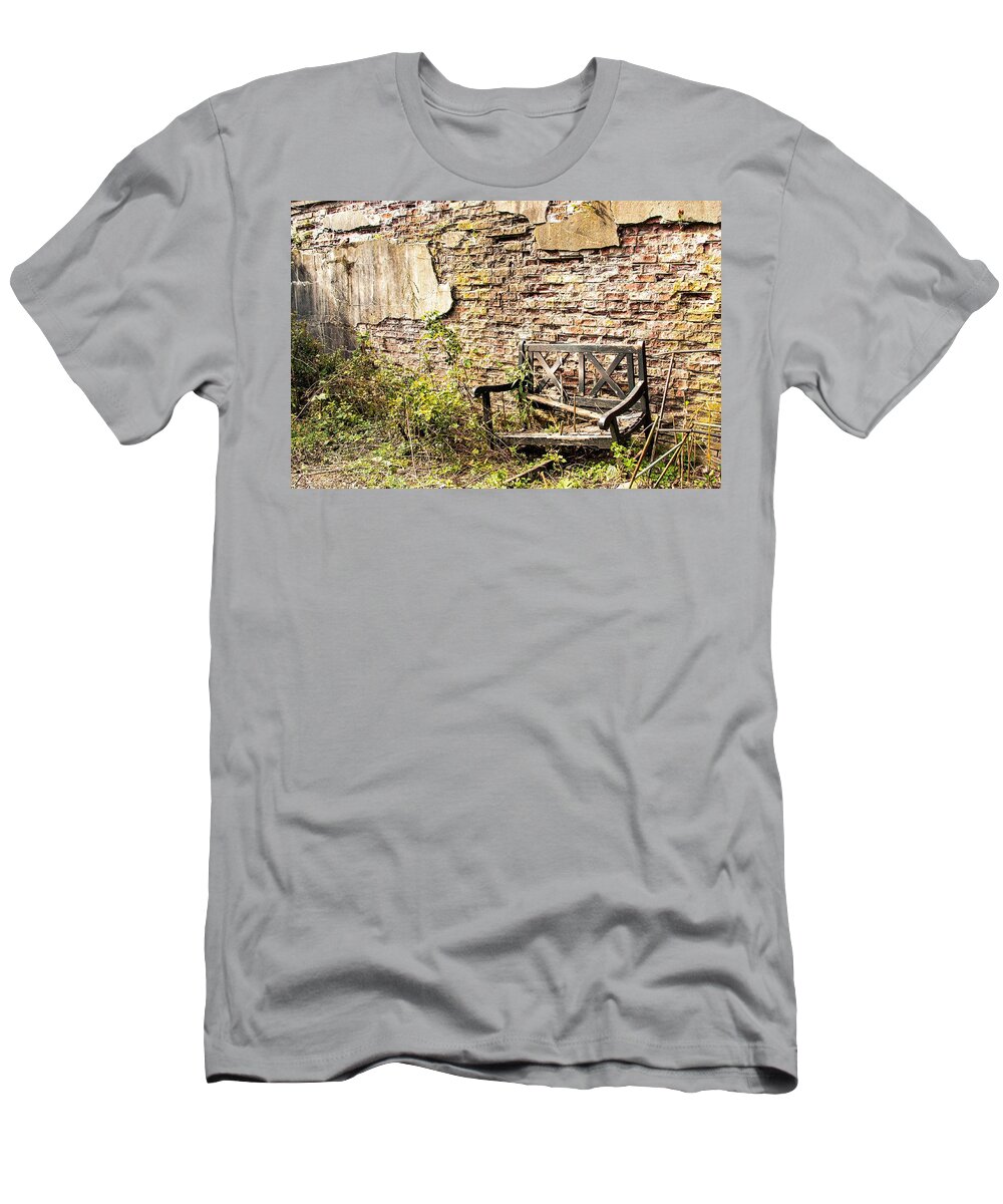 Bench Wall Wood Old T-Shirt featuring the photograph Bench Wall 1 by John Linnemeyer