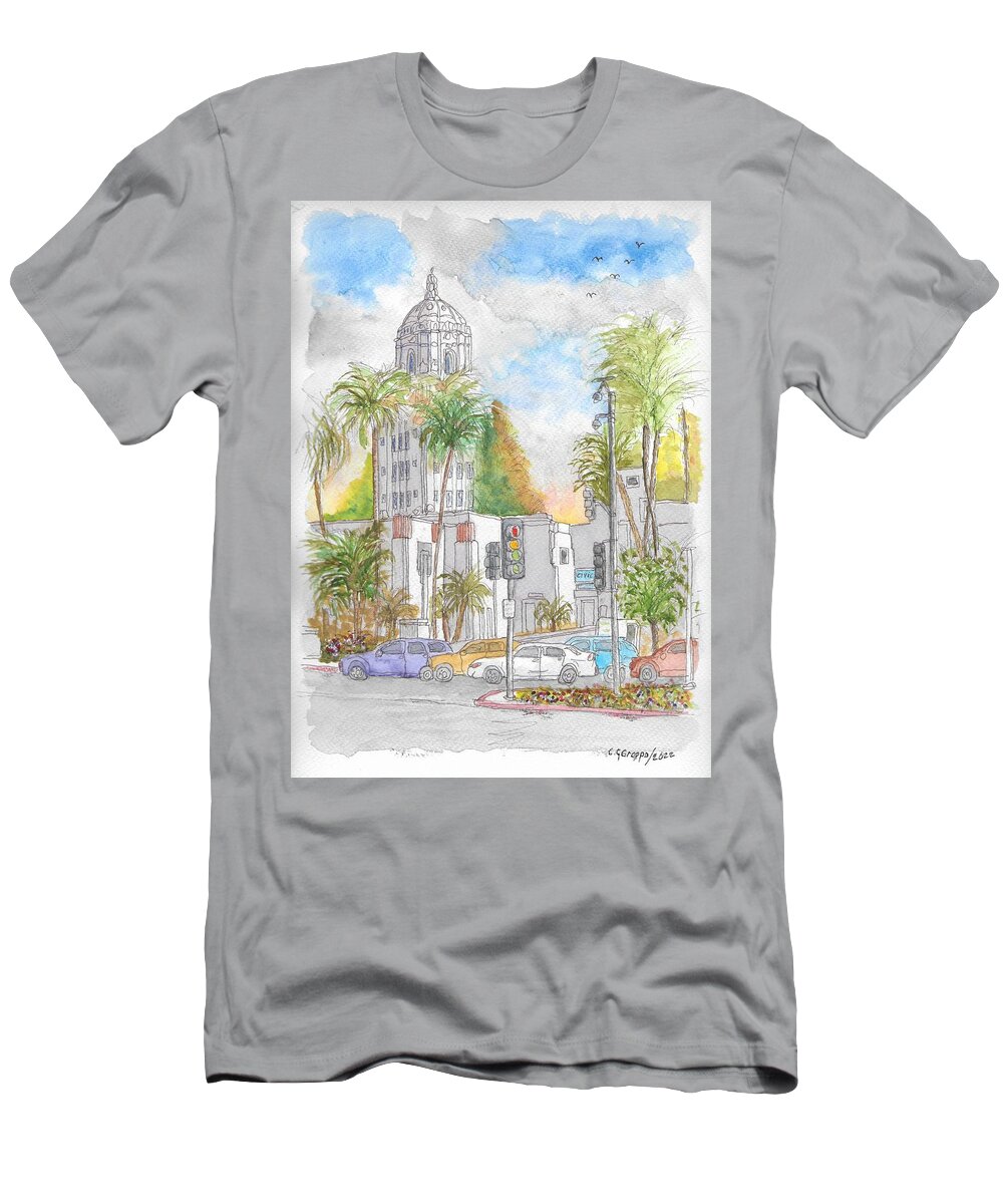 City Hall T-Shirt featuring the painting Beverly Hills City Hall, Beverly Hills, California by Carlos G Groppa