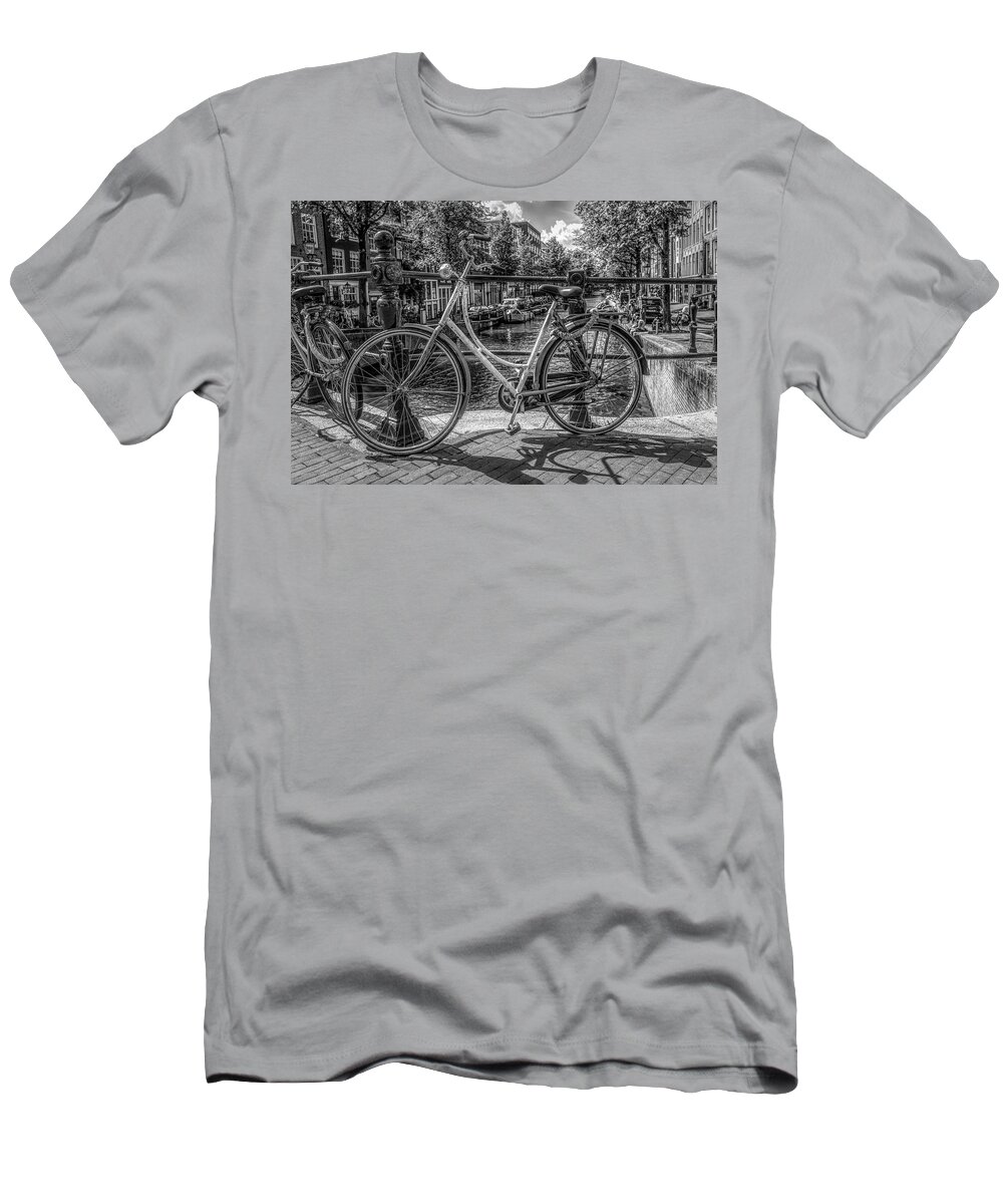 Boats T-Shirt featuring the photograph Bicycles on the Canals in Black and White by Debra and Dave Vanderlaan
