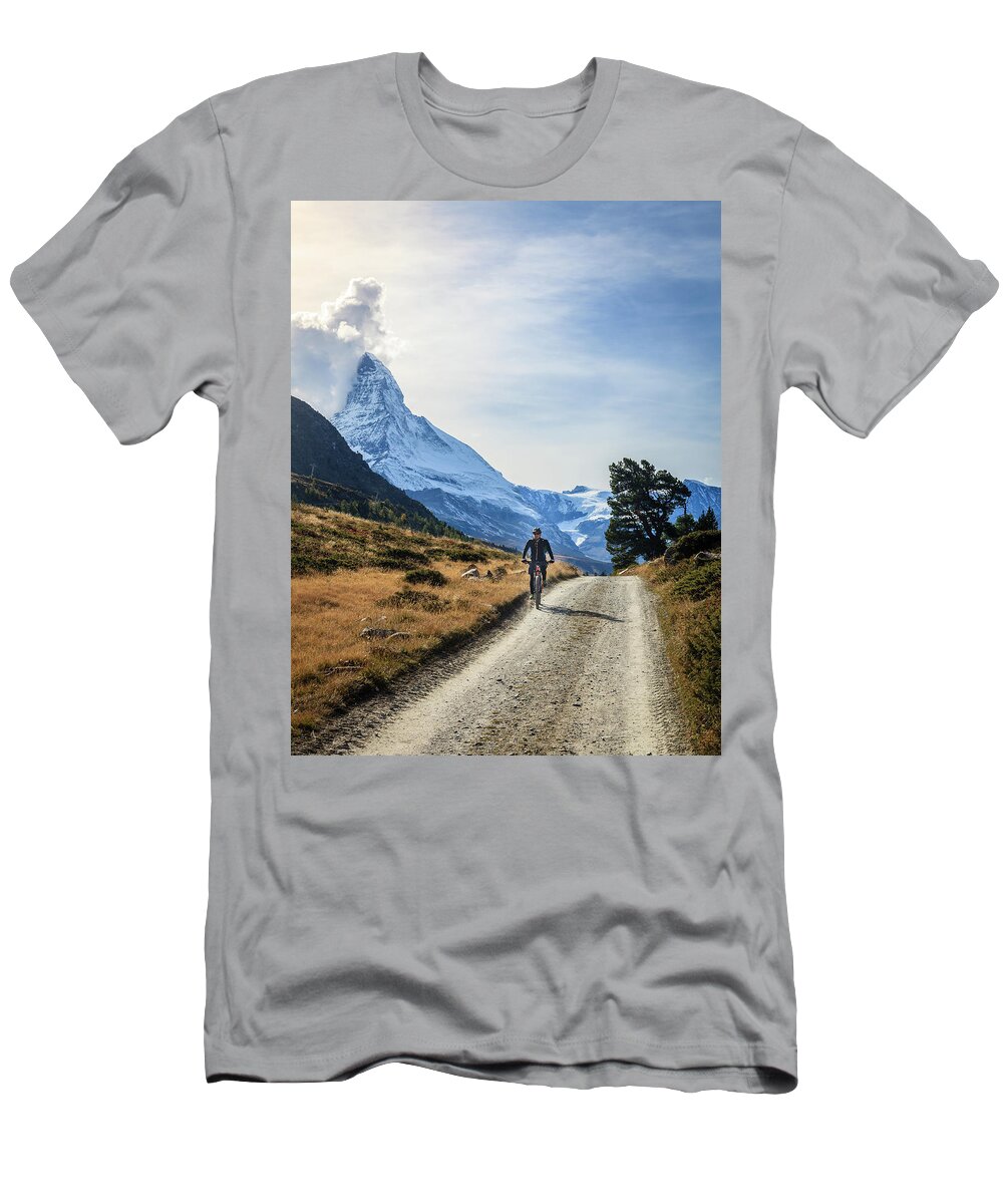 Alps T-Shirt featuring the photograph Bicycling in the Alps by Alexey Stiop