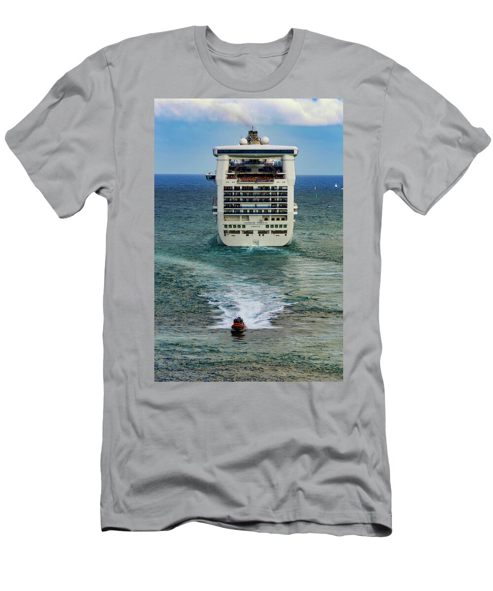 Cruise Ship; Water; Travel; Skies; Clouds; Coast Guard T-Shirt featuring the photograph Big Ship and Small Boat by AE Jones