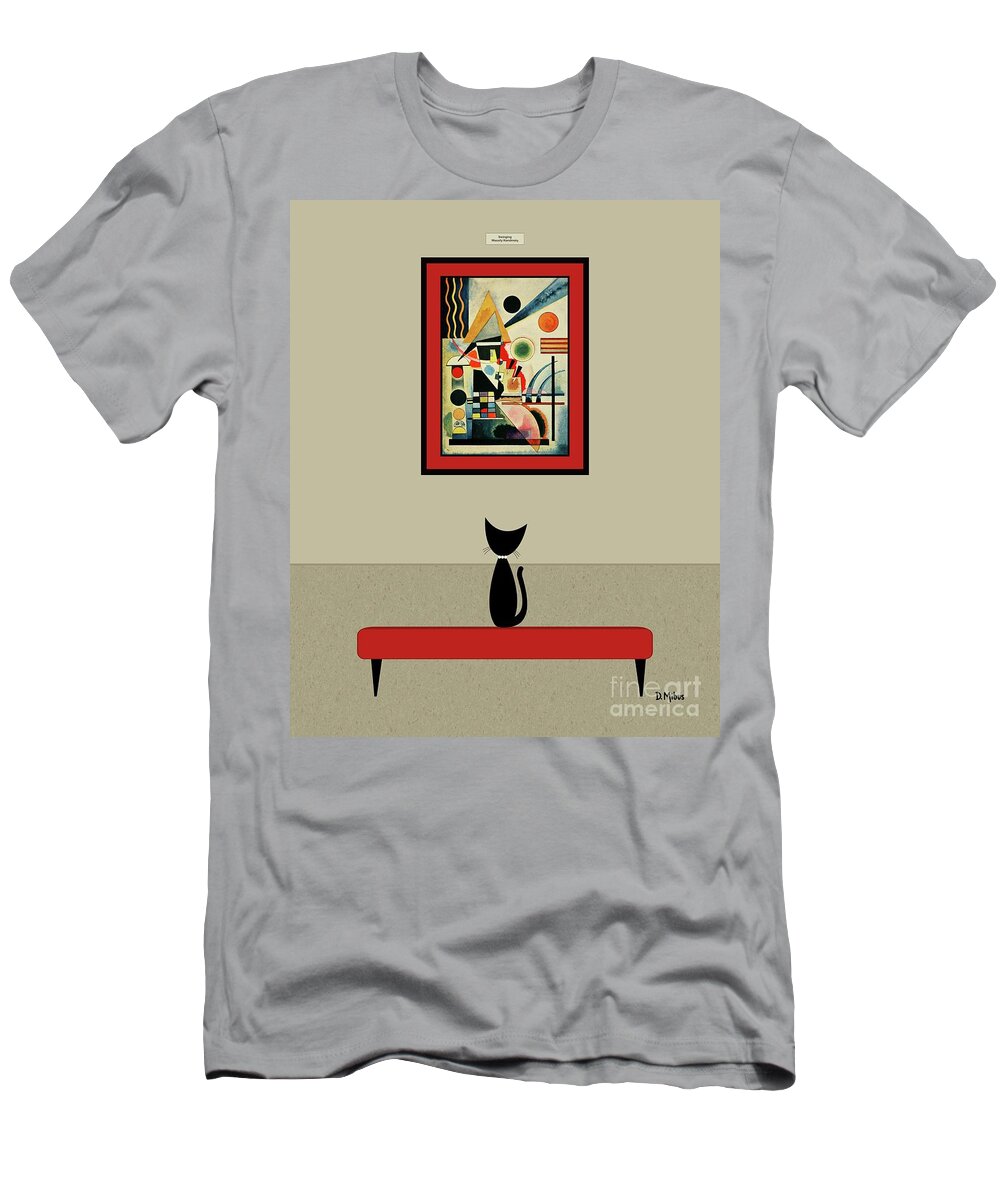 Wassily Kandinsky T-Shirt featuring the digital art Black Cat Admires Kandinsky Painting by Donna Mibus