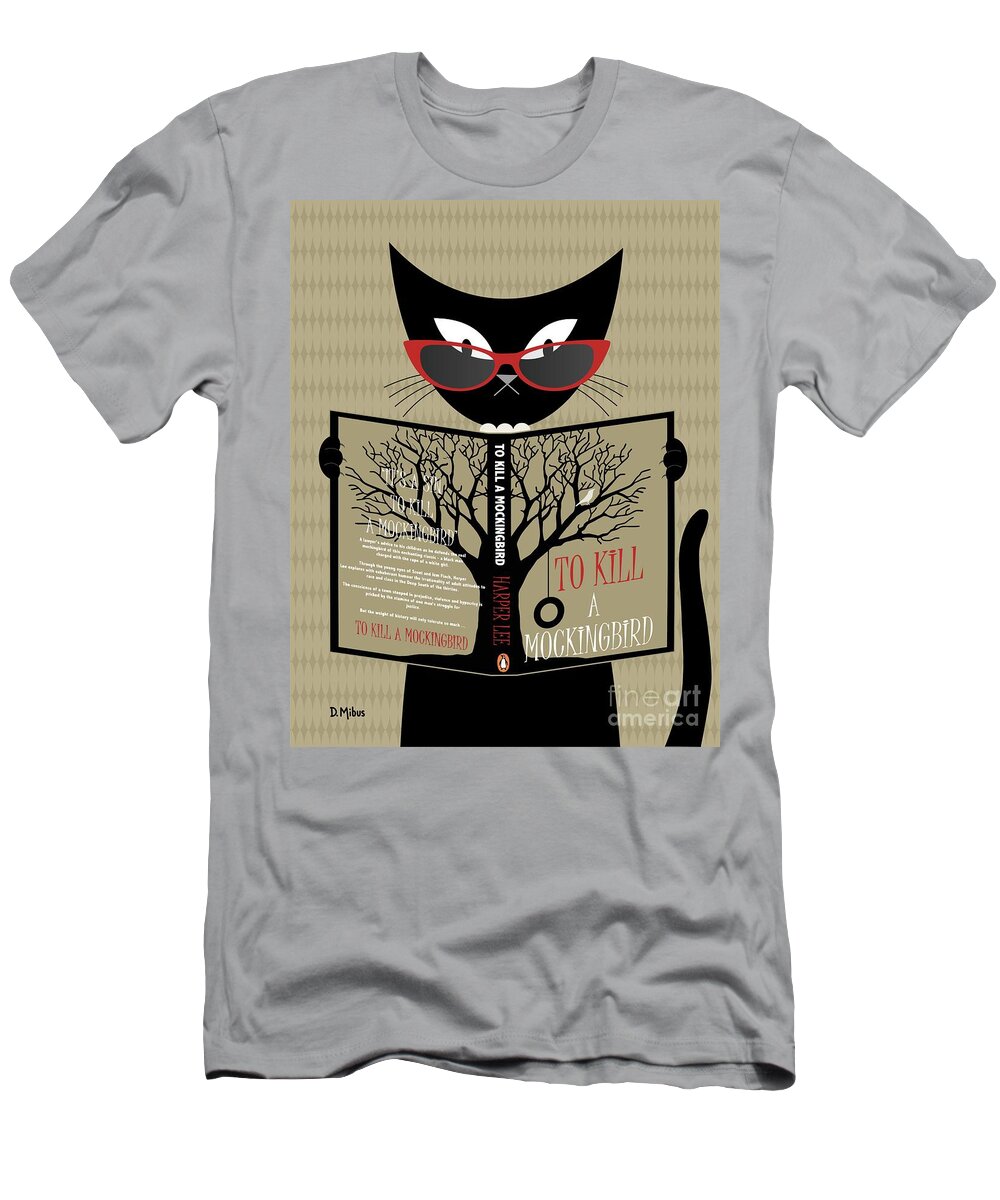 Cat Reads A Book T-Shirt featuring the digital art Black Cat Reads a Book by Donna Mibus