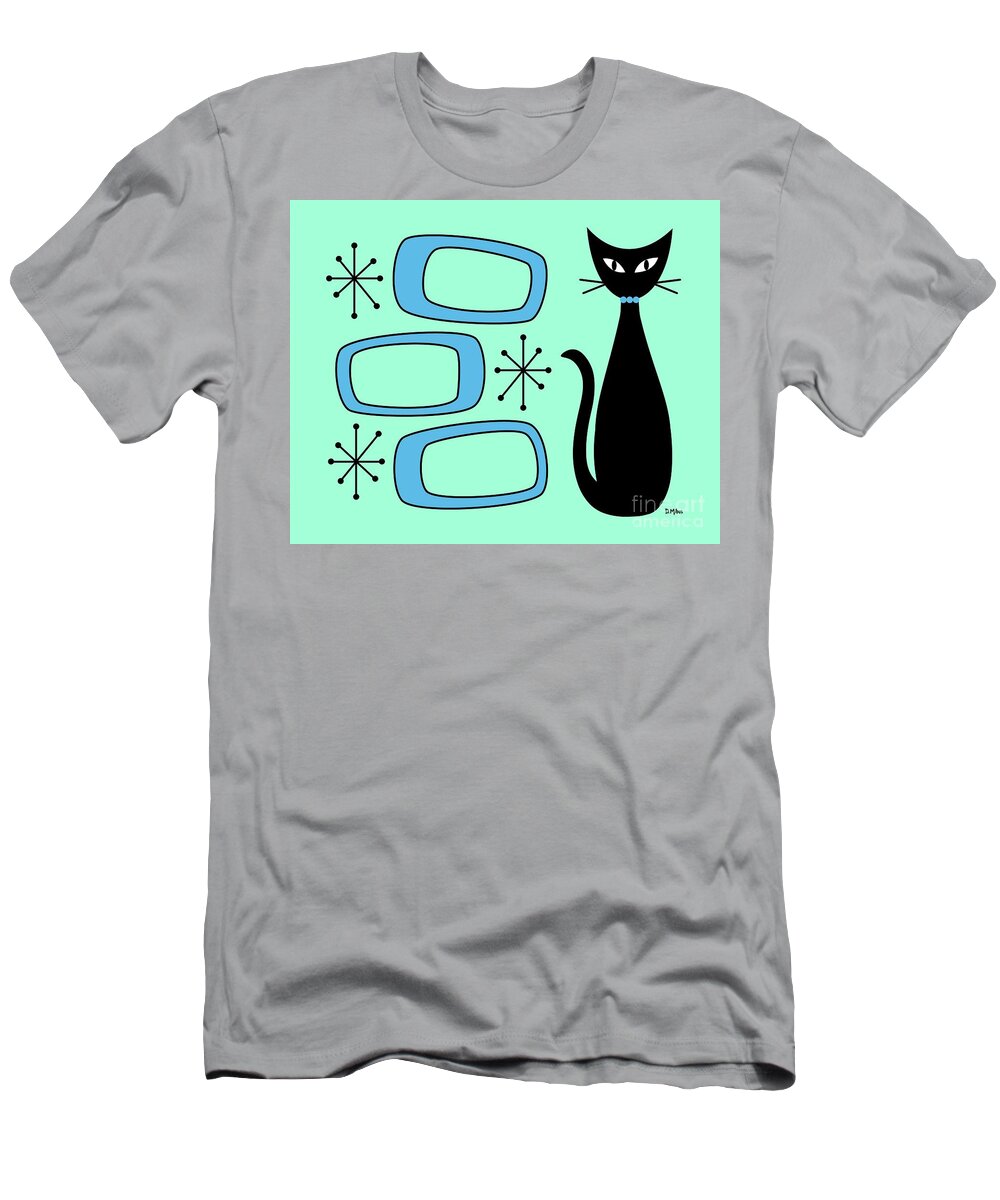 Mid Century Cat T-Shirt featuring the digital art Black Cat with Mod Oblongs Aqua by Donna Mibus