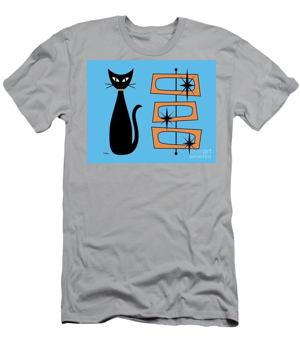 Mid Century Cat T-Shirt featuring the digital art Black Cat with Mod Rectangles Blue by Donna Mibus