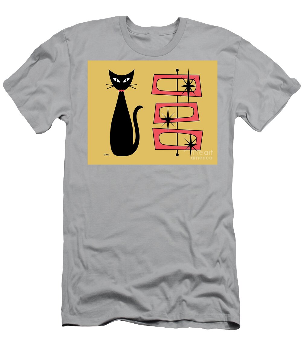 Mid Century Cat T-Shirt featuring the digital art Black Cat with Mod Rectangles Yellow by Donna Mibus