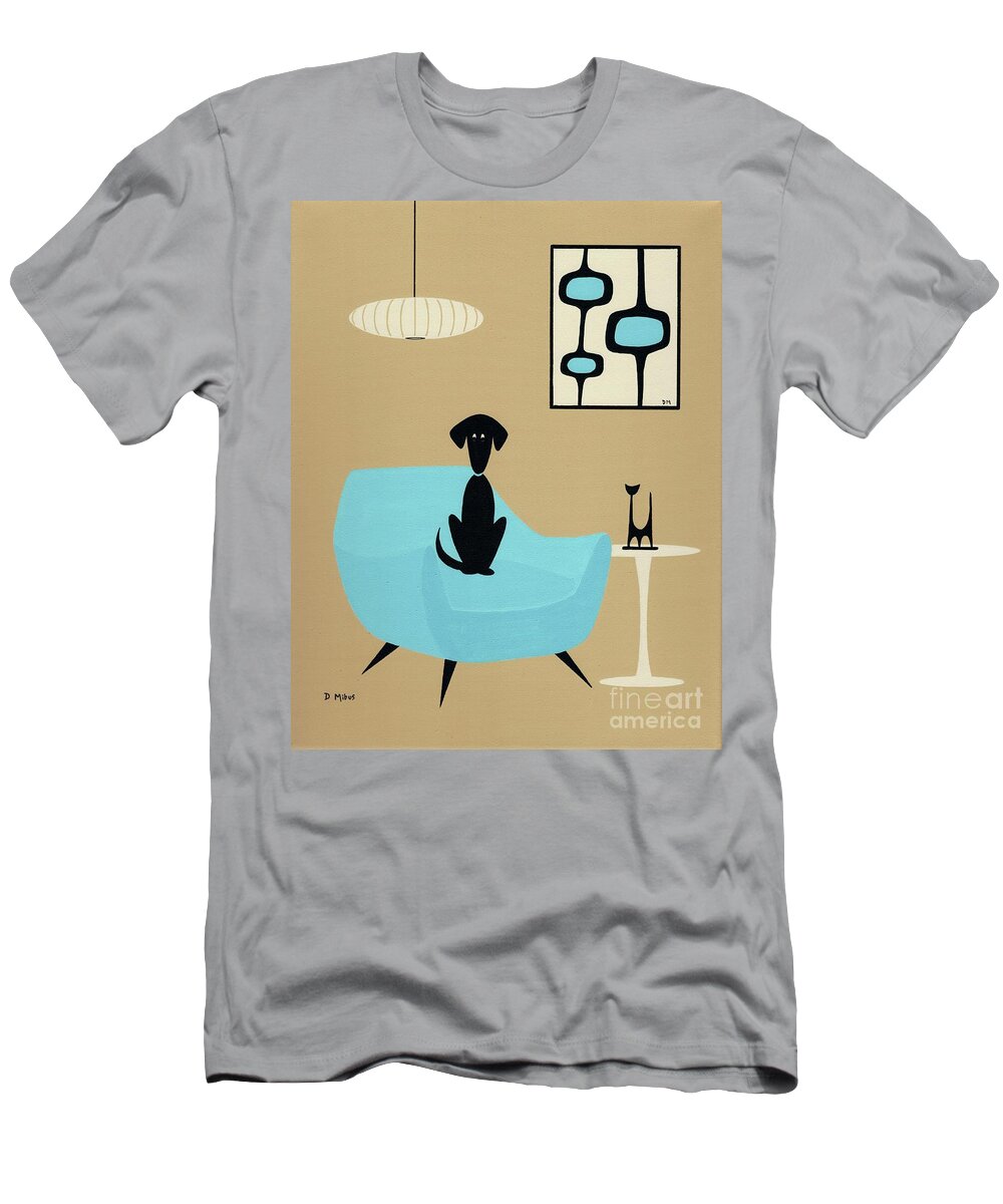 Mid Century Modern Black Dog T-Shirt featuring the painting Black Dog in Blue Henry Glass Chair by Donna Mibus