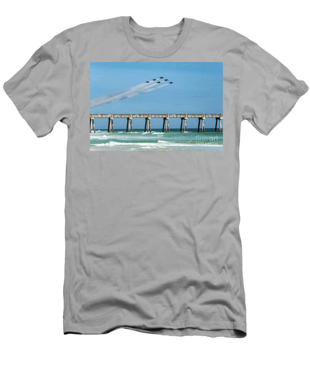 Blue Angels T-Shirt featuring the photograph Blue Angels Over Pensacola Beach Fishing Pier by Beachtown Views