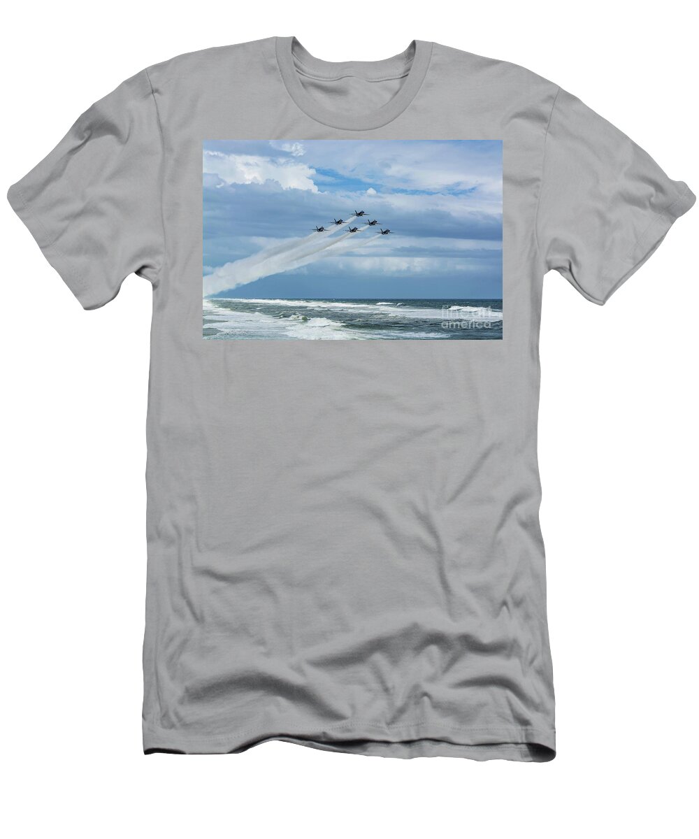 Blue Angels T-Shirt featuring the photograph Blue Angels over the Gulf of Mexico by Beachtown Views