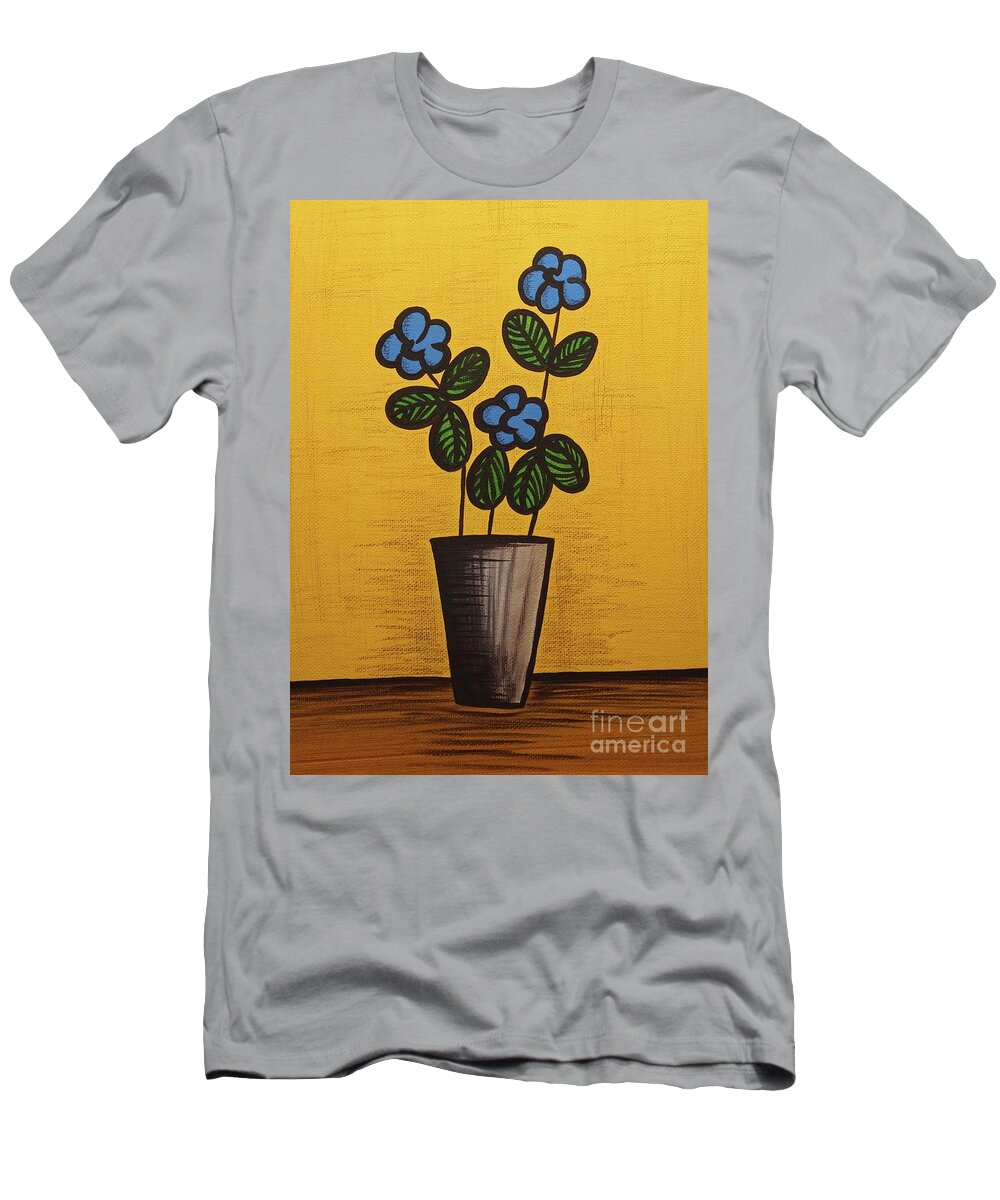 Mid Century Modern T-Shirt featuring the mixed media Blue Flower Still Life Painting by Donna Mibus