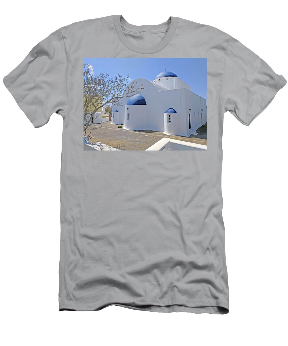 Santorini T-Shirt featuring the photograph Blue roofs of Santorini by Yvonne Jasinski
