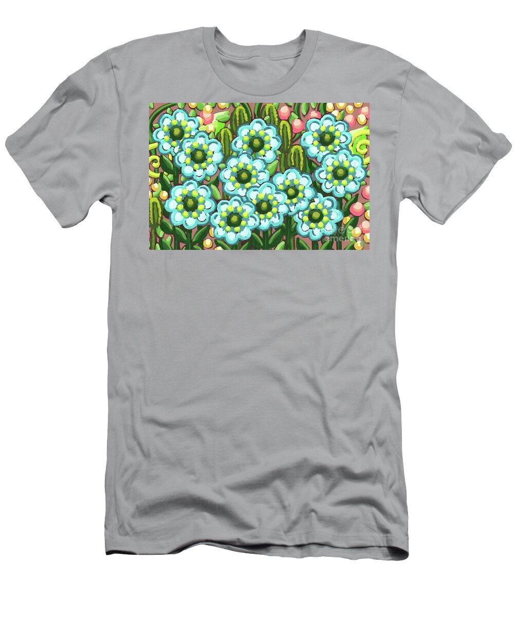 Flower T-Shirt featuring the painting Blueberry Bubble Gum. Posy Picnic Painting Series by Amy E Fraser