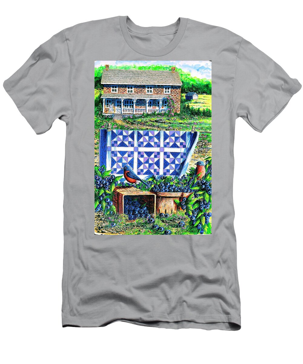 Blueberries T-Shirt featuring the painting Bluebirds and Blueberries by Diane Phalen