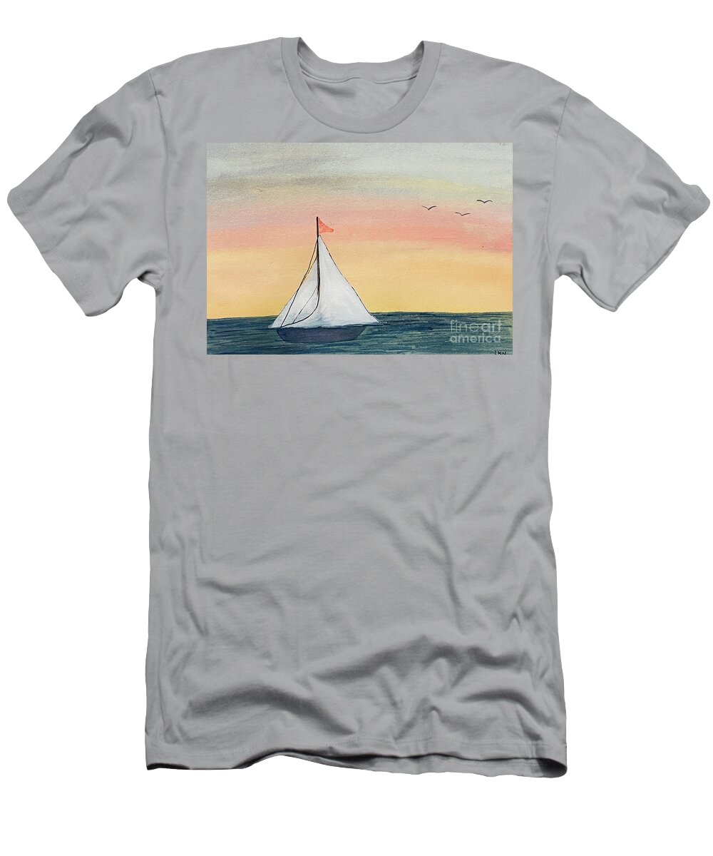 Sailboat T-Shirt featuring the painting Boat at Sunset by Lisa Neuman