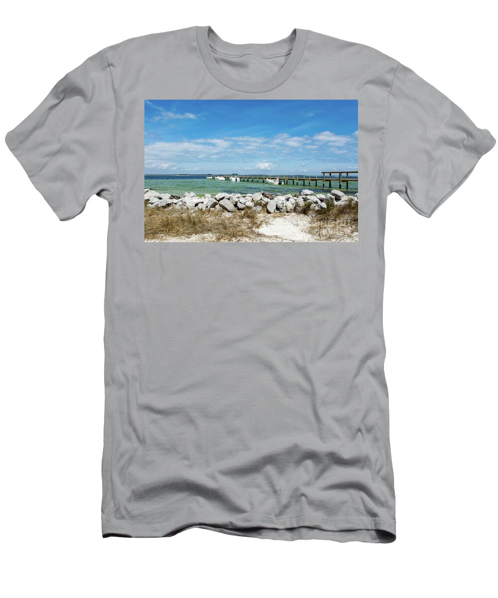 Rock T-Shirt featuring the photograph Boat Dock on the Sound by Beachtown Views