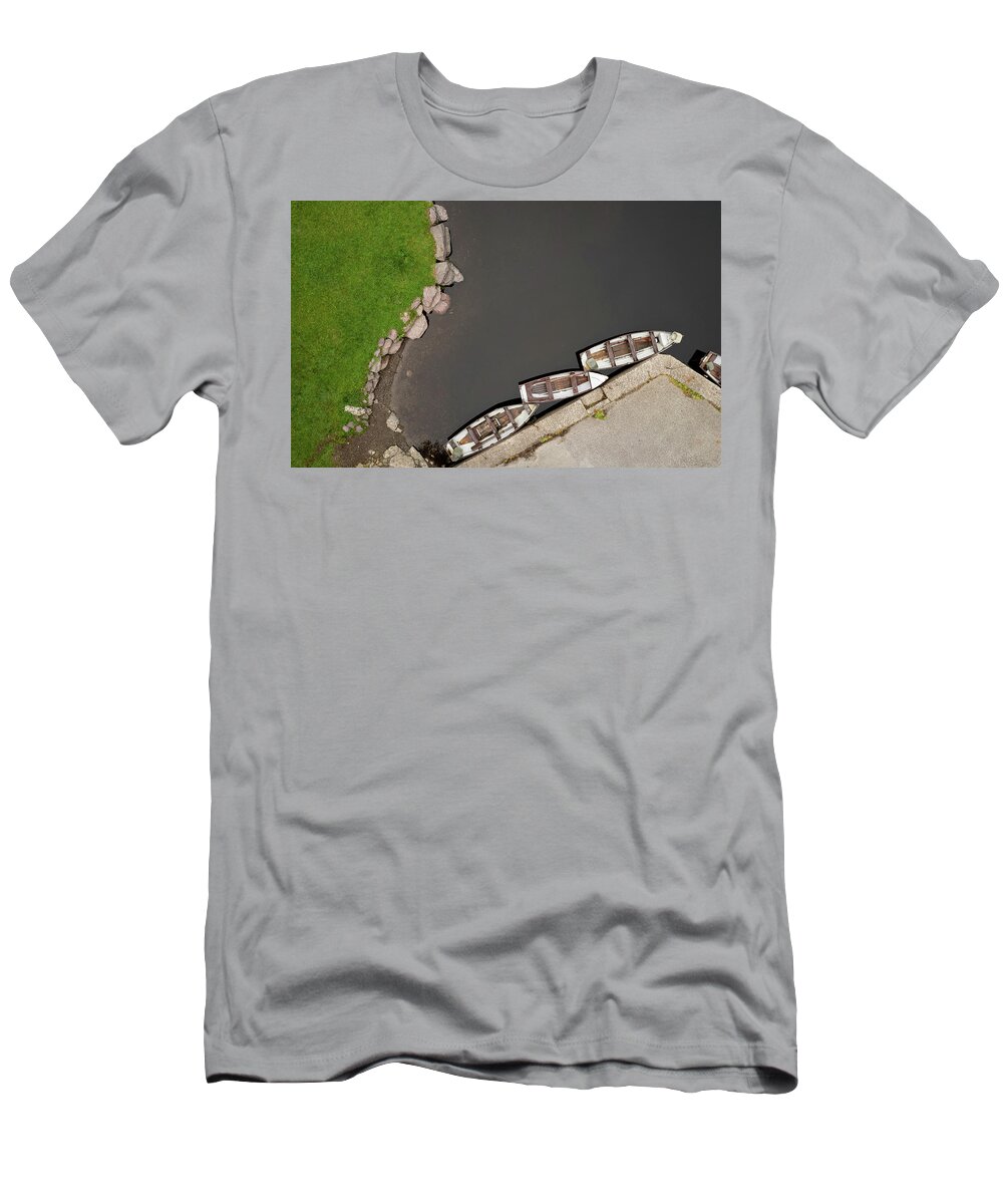 Minimal T-Shirt featuring the photograph Drone aerial of Boats on the river in a lake by Michalakis Ppalis
