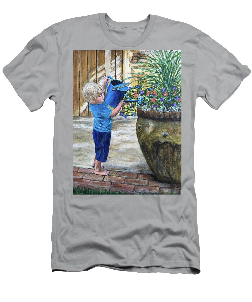 Boy T-Shirt featuring the painting Boy Watering Flowers by Bonnie Peacher