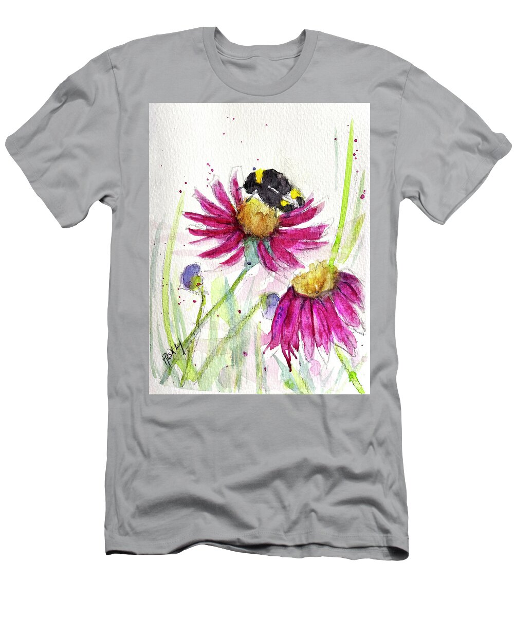 Bee Painting T-Shirt featuring the painting Bumble Bee in the Coneflowers by Roxy Rich