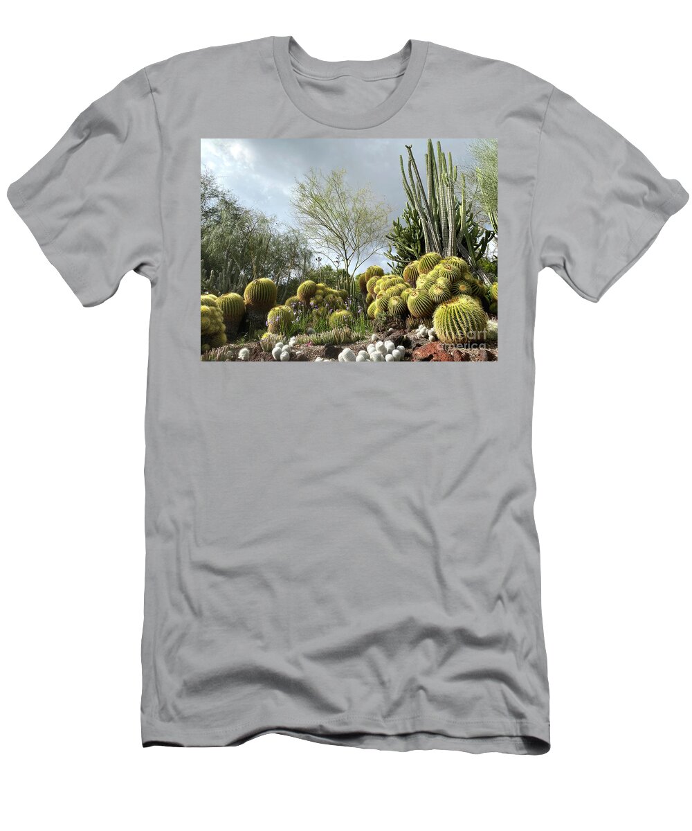 Clouds T-Shirt featuring the photograph Cactus Garden with Cloudy Sky by Katherine Erickson