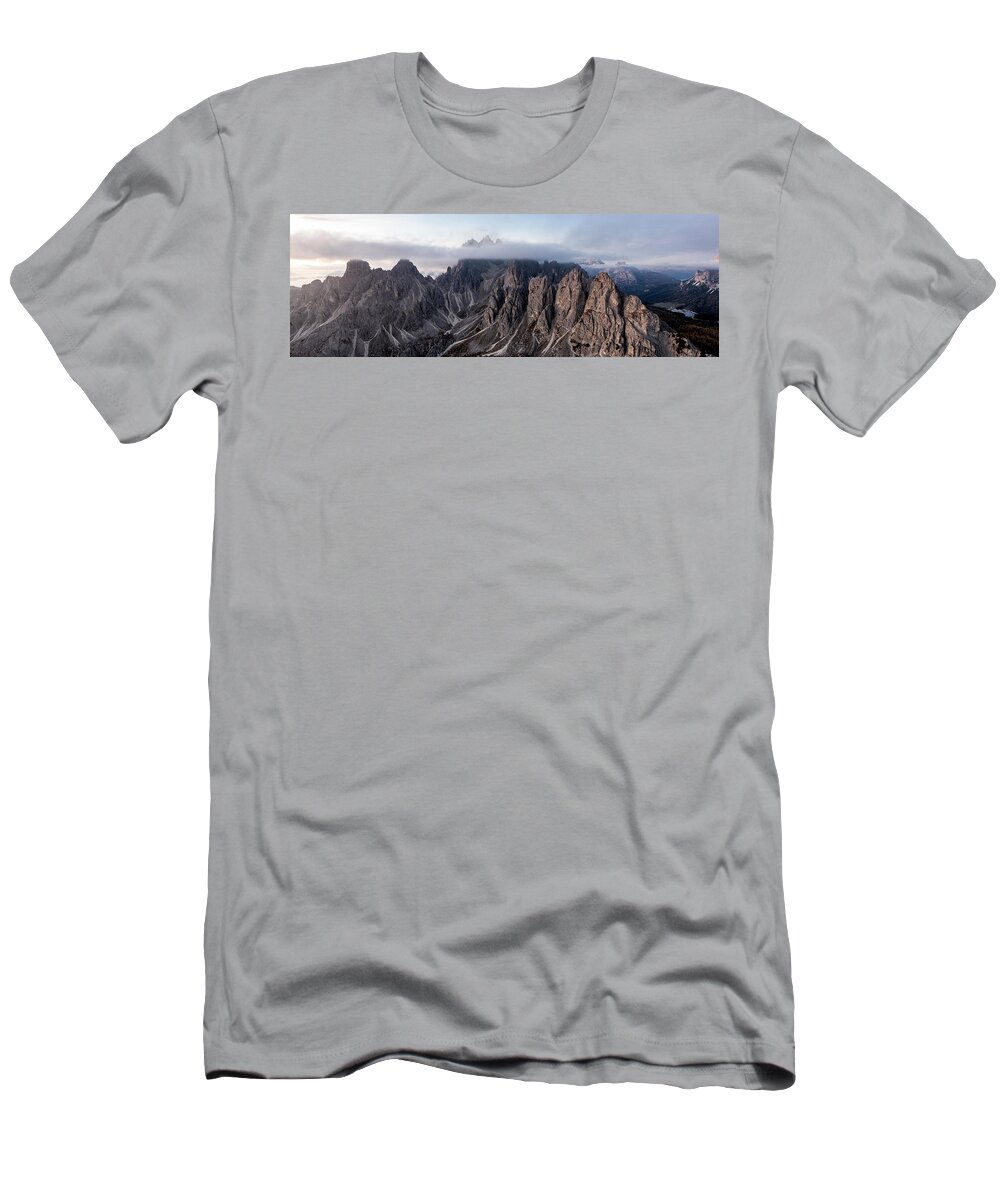Panorama T-Shirt featuring the photograph Cadini Peaks Tre Cime de Laveredo Italian Dolomites by Sonny Ryse