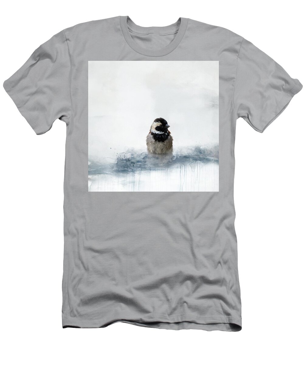 Cape Sparrow T-Shirt featuring the mixed media Cape Sparrow Male Bathing by Eva Lechner