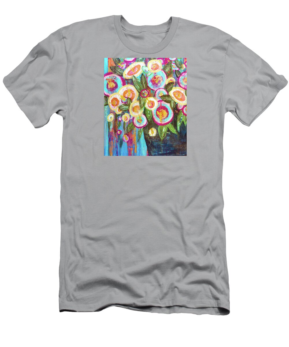 Carnation T-Shirt featuring the painting Carnations and Roses Abstract Teal Bouquet by Joanne Herrmann