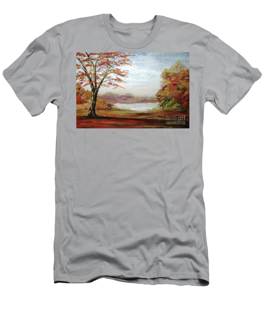 Kildaire Farm T-Shirt featuring the painting Cary North Carolina Kildaire Farm Pond by Catherine Ludwig Donleycott
