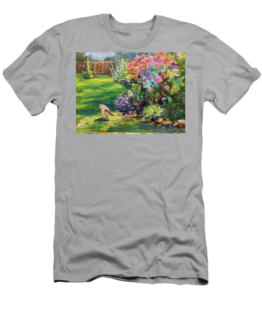 Cat T-Shirt featuring the painting Cat in the Garden by Madeleine Shulman