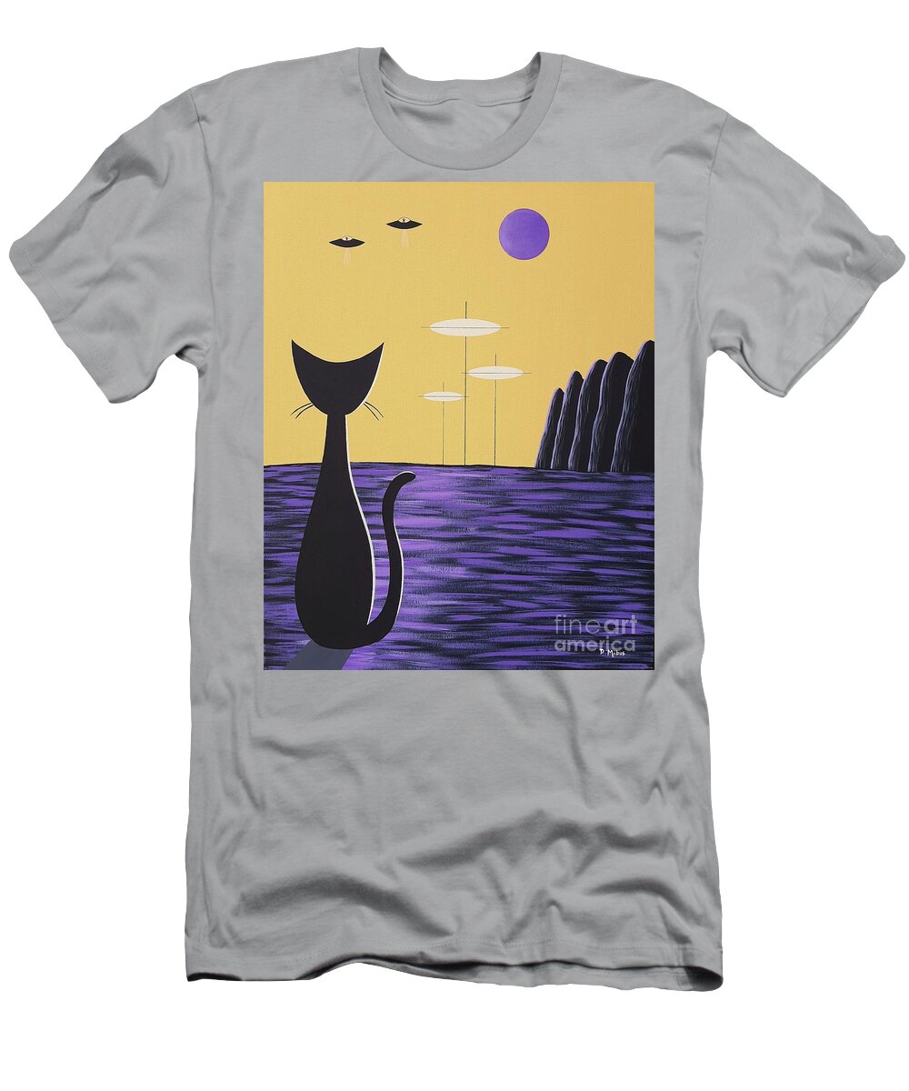 Black Cat Painting T-Shirt featuring the painting Black Cat on Purple Planet with Yellow Sky by Donna Mibus