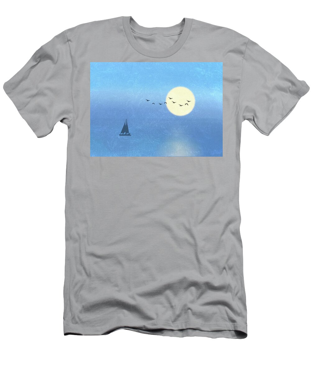 Sailboat T-Shirt featuring the photograph Catamaran Sailing Under a Full Moon on Blue Texture by Patti Deters