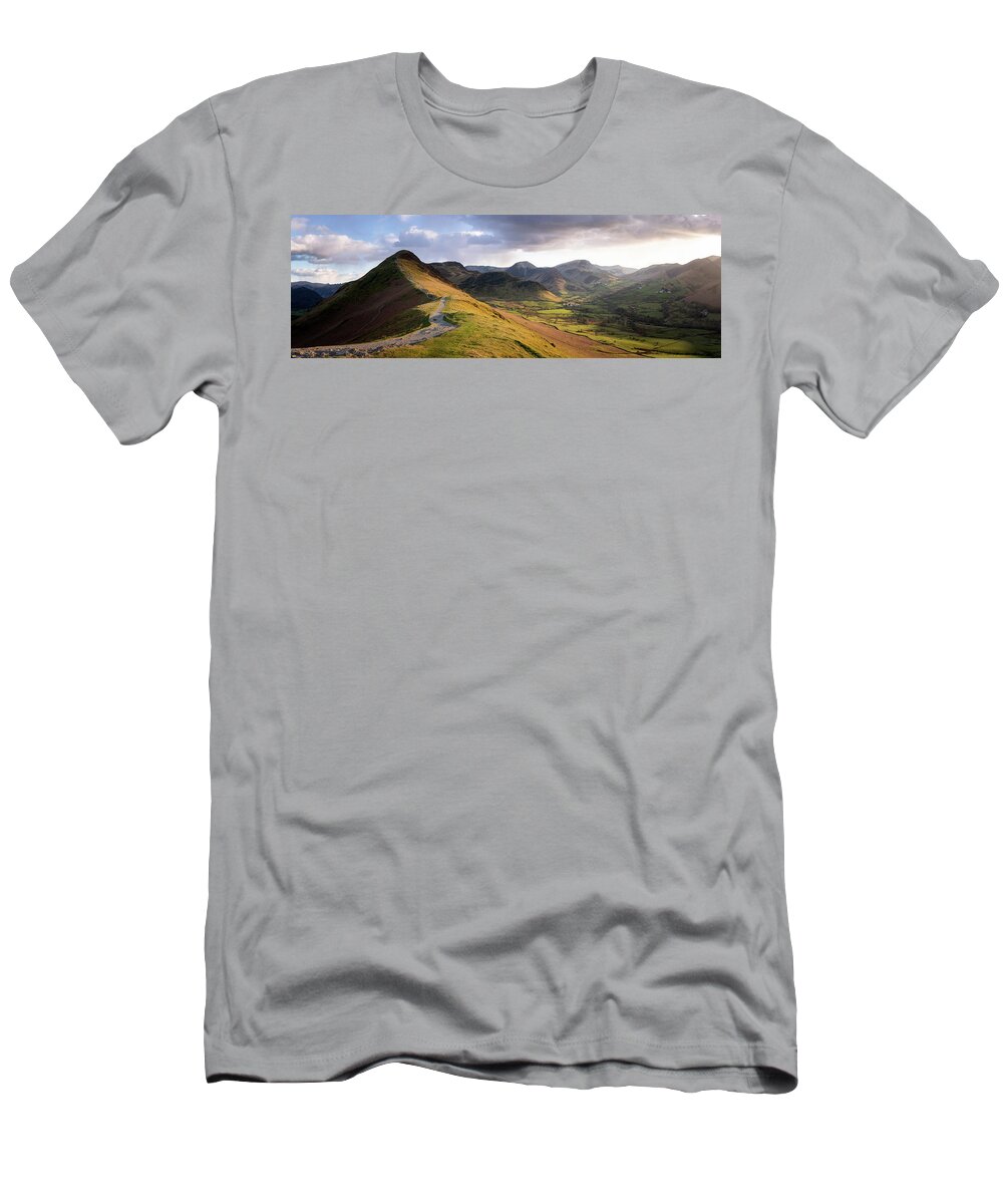 Panorama T-Shirt featuring the photograph Catbells Hiking trail in the Lake District England by Sonny Ryse