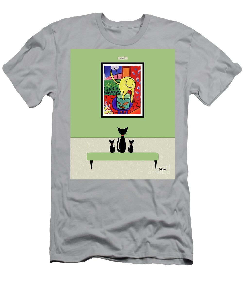 Mid Century Cat T-Shirt featuring the digital art Cats Admire Matisse Fish Painting by Donna Mibus