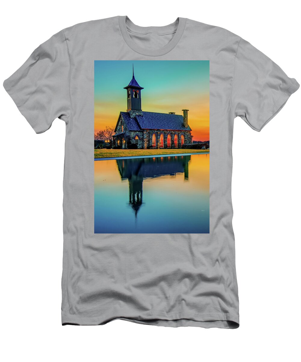 Chapel Of The Ozarks T-Shirt featuring the photograph Chapel of the Ozarks Sunset Reflections - Ridgedale Missouri by Gregory Ballos