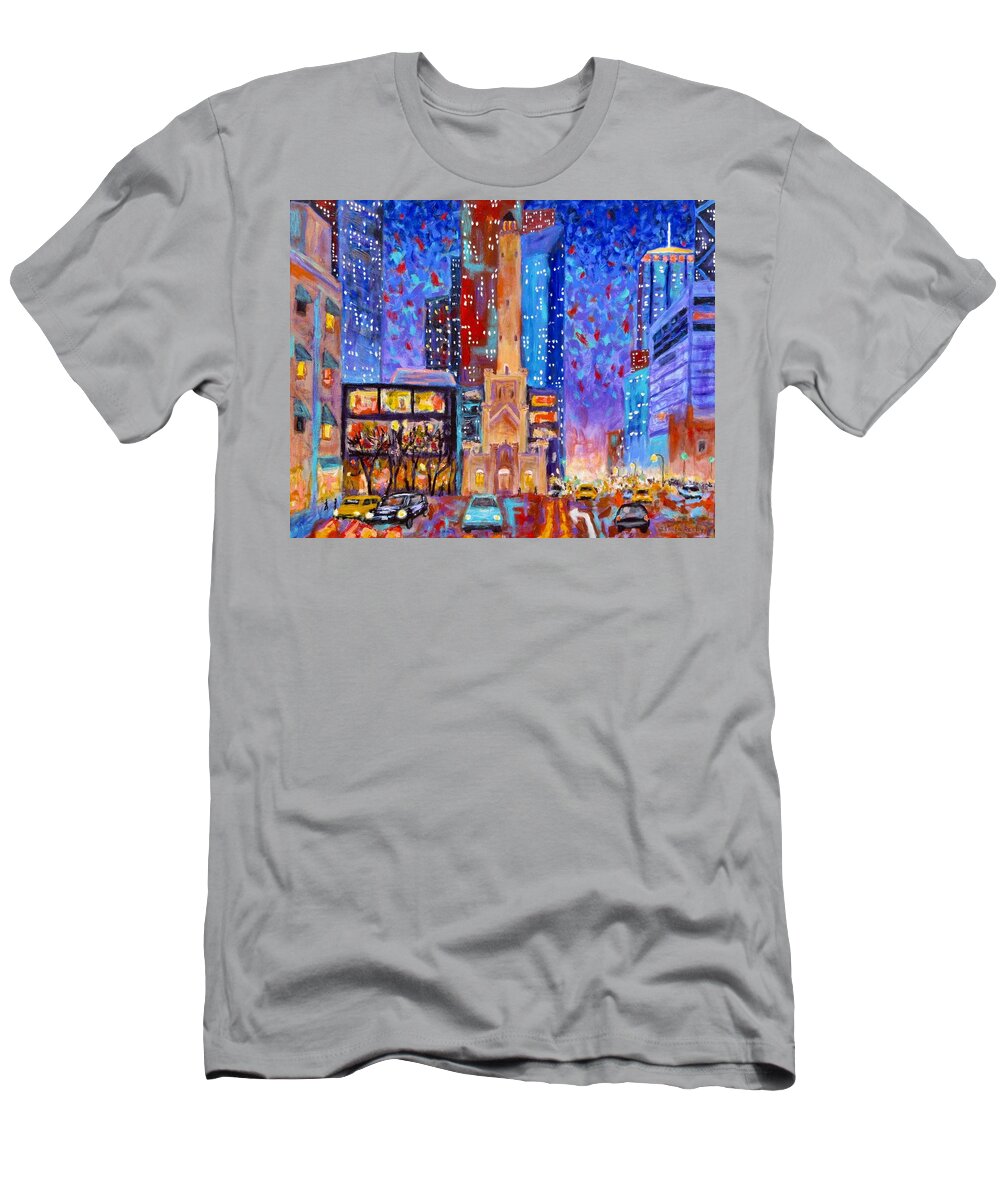 City At Night Painting T-Shirt featuring the painting Chicago Water Tower at Night Two by J Loren Reedy