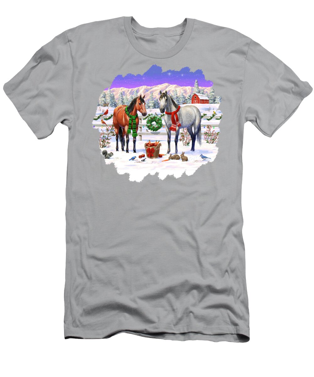 Christmas T-Shirt featuring the painting Christmas Horses Winter Farm Scene by Crista Forest