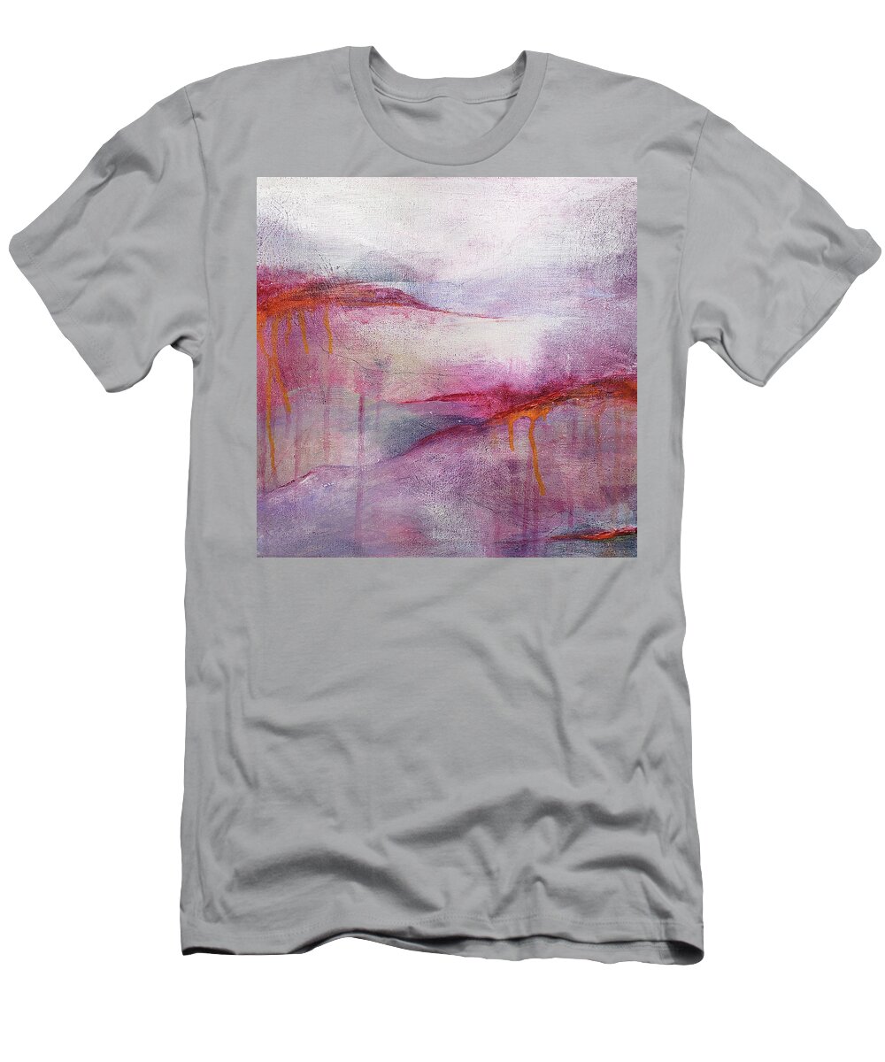 Red T-Shirt featuring the painting CLIMATE CHANGE III Abstract Landscape Sunset in Red Pink Purple Orange Gray by Lynnie Lang