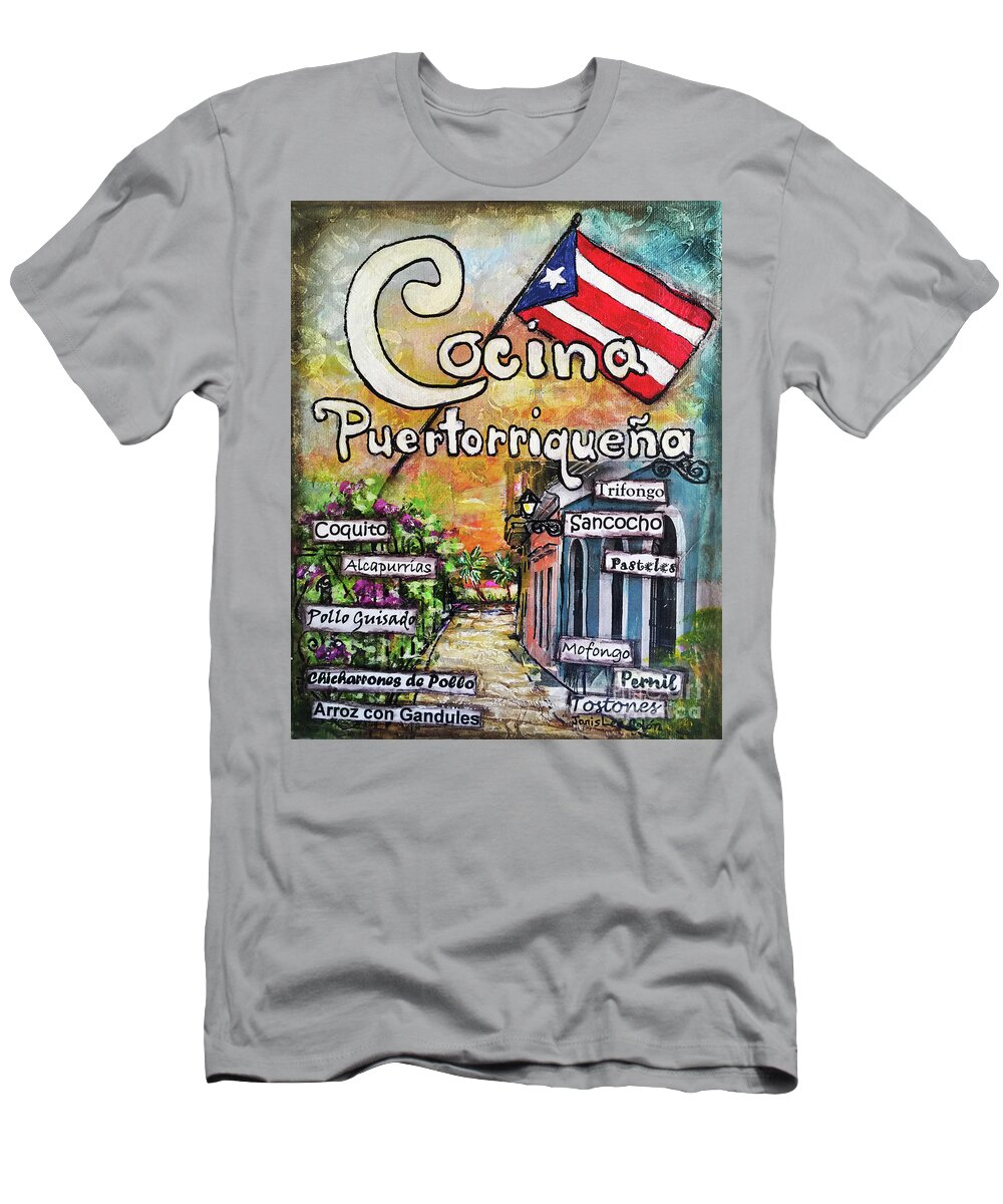 Puerto Rican Kitchen T-Shirt featuring the mixed media Cocina Puertorriquena by Janis Lee Colon