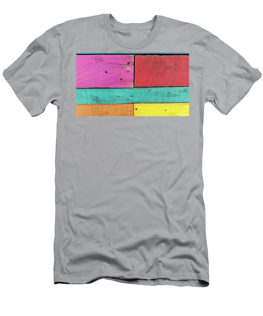 Colorful Boards Caribbean Pink Red Yellow Blue Orange T-Shirt featuring the photograph Colorful Boards in the Caribbean by David Morehead