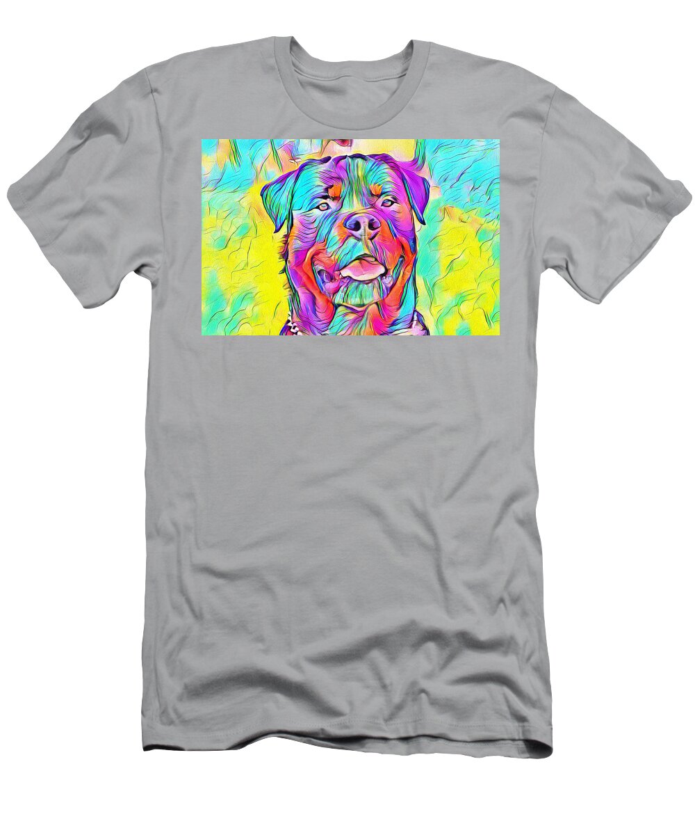 Rottweiler Dog T-Shirt featuring the digital art Colorful Rottweiler dog portrait - digital painting by Nicko Prints