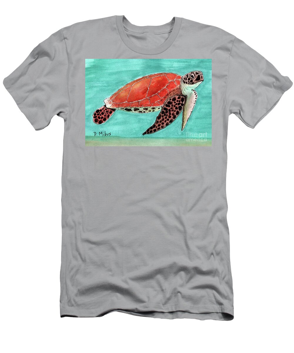 Sea Turtle T-Shirt featuring the painting Colorful Sea Turtle in Blue Green Water by Donna Mibus