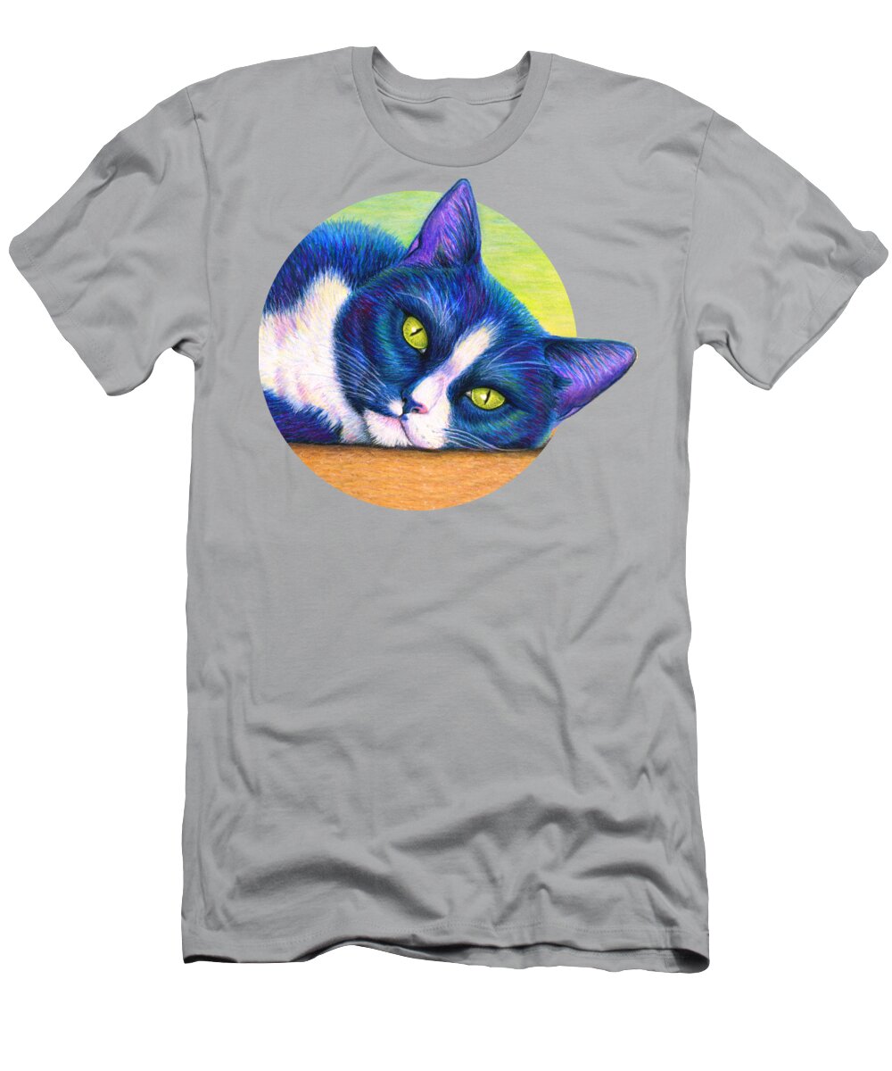 Cat T-Shirt featuring the drawing Colorful Tuxedo Cat by Rebecca Wang