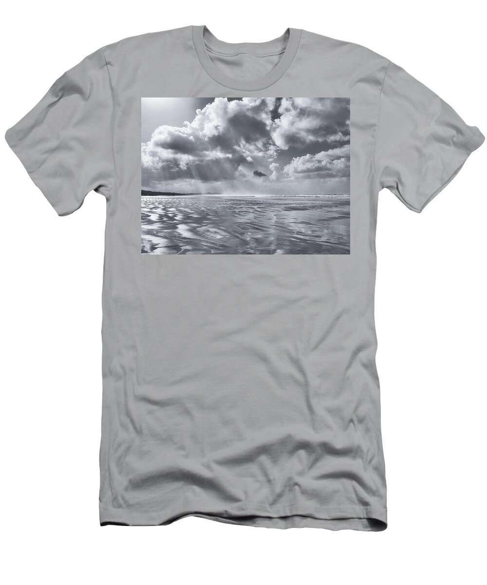 Landscape T-Shirt featuring the photograph Combers Beach and Sunrays Black and White by Allan Van Gasbeck