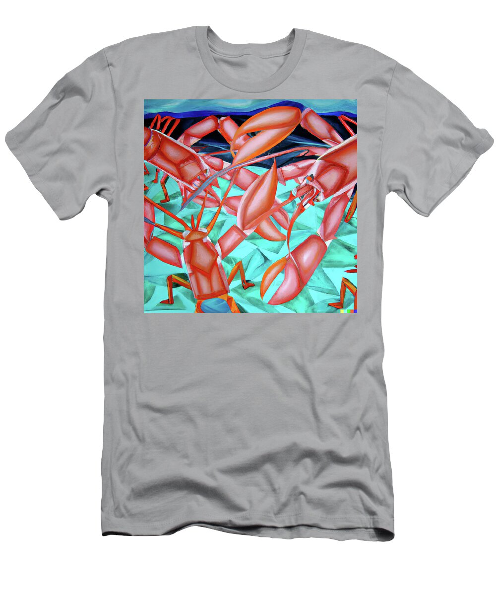 Cgi Illustration T-Shirt featuring the digital art Cubist painting of lobsters on the ocean floor by Steve Estvanik