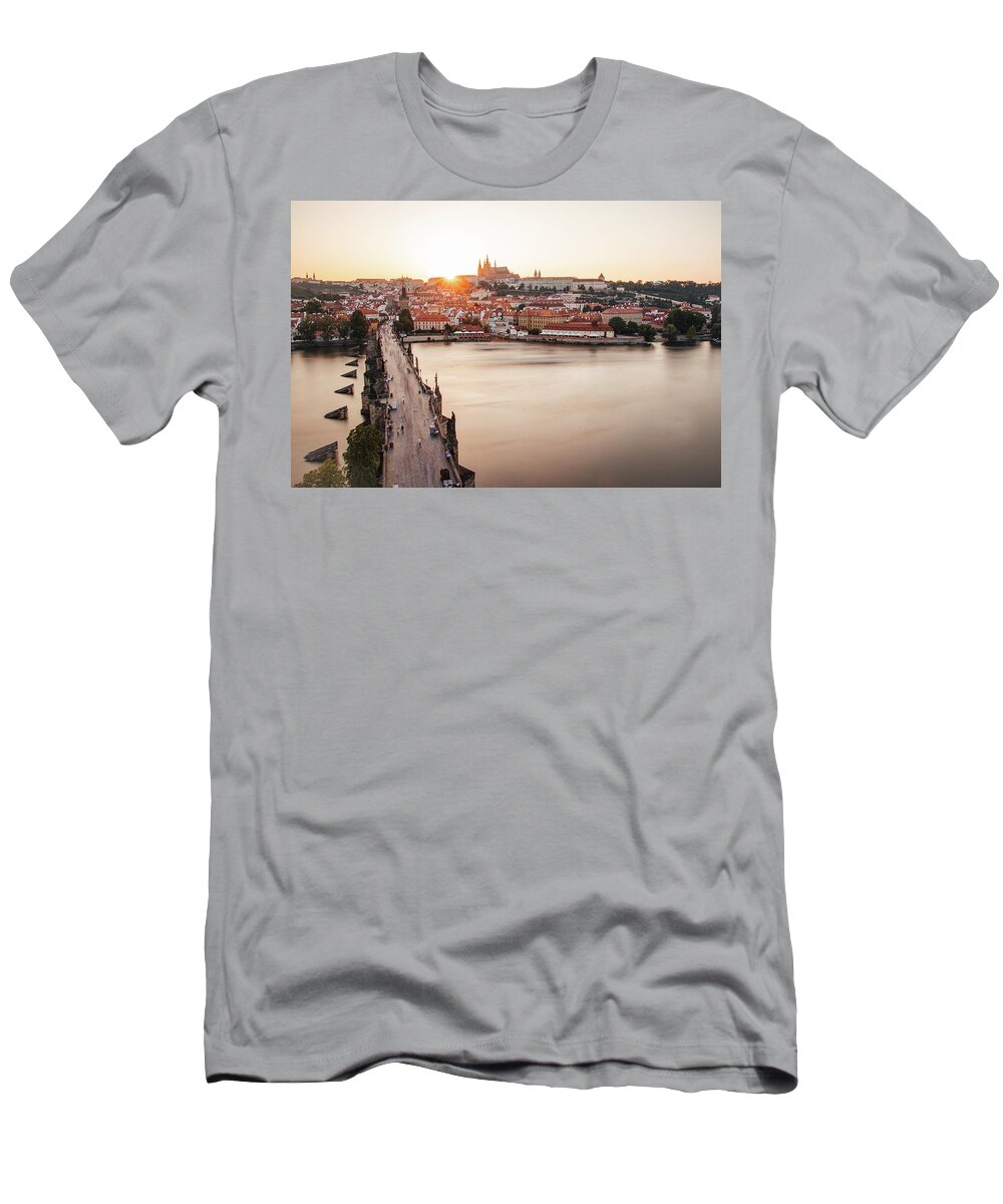 Castle T-Shirt featuring the photograph Czech capital city with Charles bridge at sunset by Vaclav Sonnek